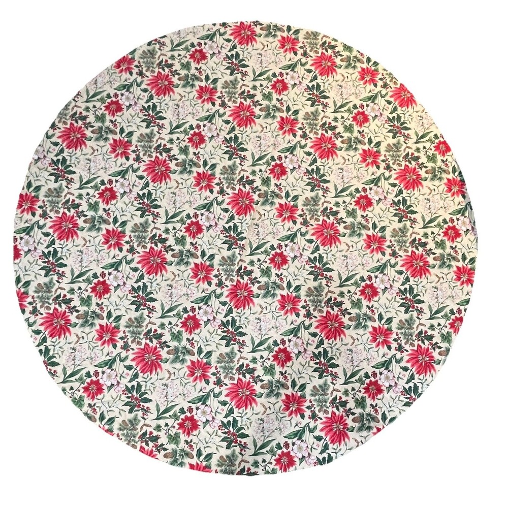 VTG Table Cloth Linen Christmas Oval 69in Poinsettias Pine Cones Holly Berries